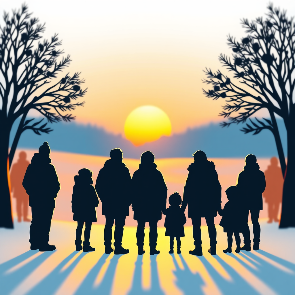 A Group Observing Sunrise in Wintery Forest