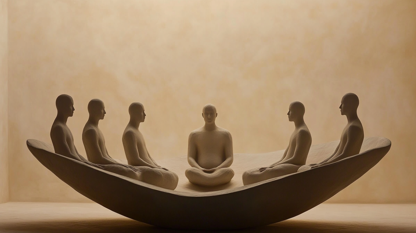 A Group of Men Sitting in Abstract Creamy Space