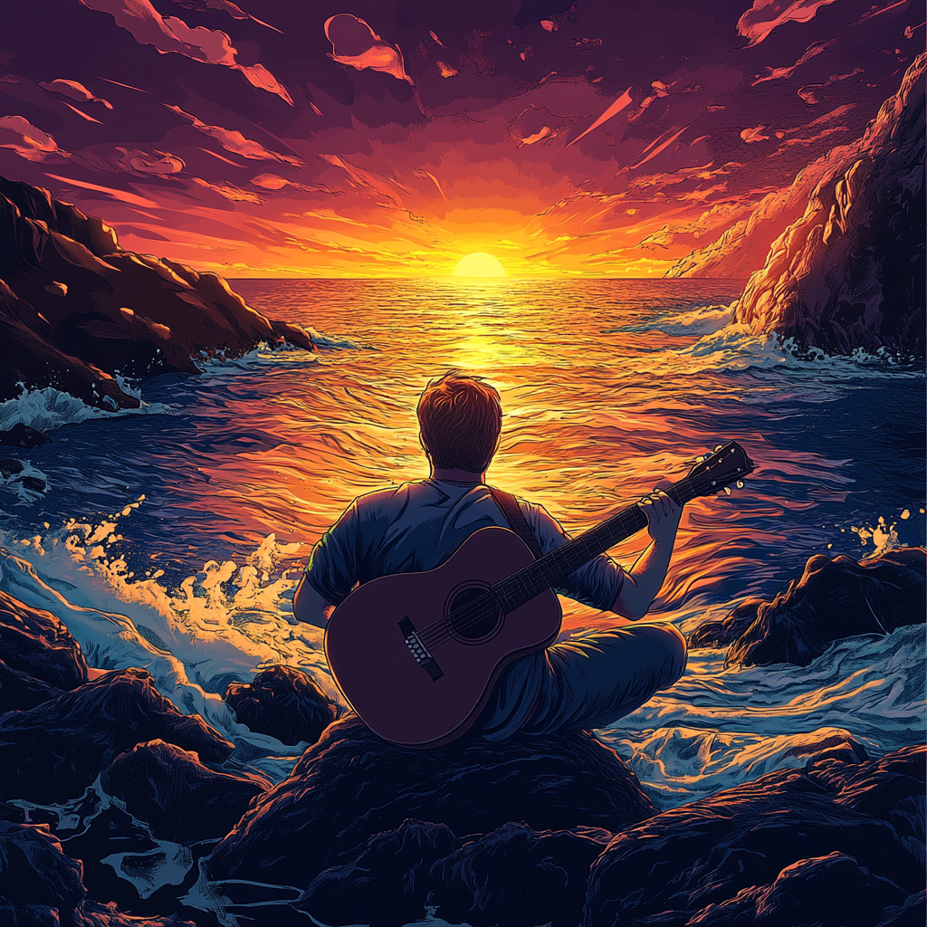 A Guitar Playing Musician on Sunset Rock