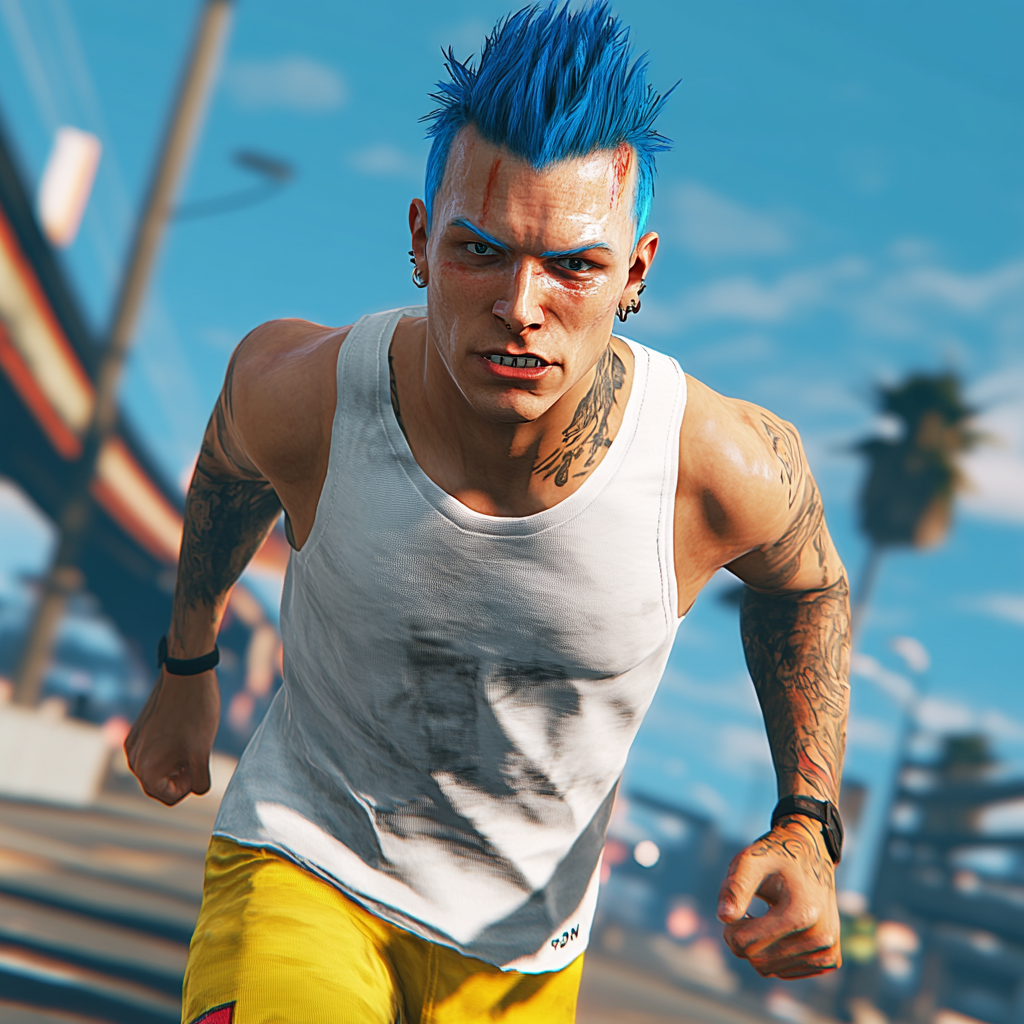 A Guy with Blue Mohawk Ready for Marathon