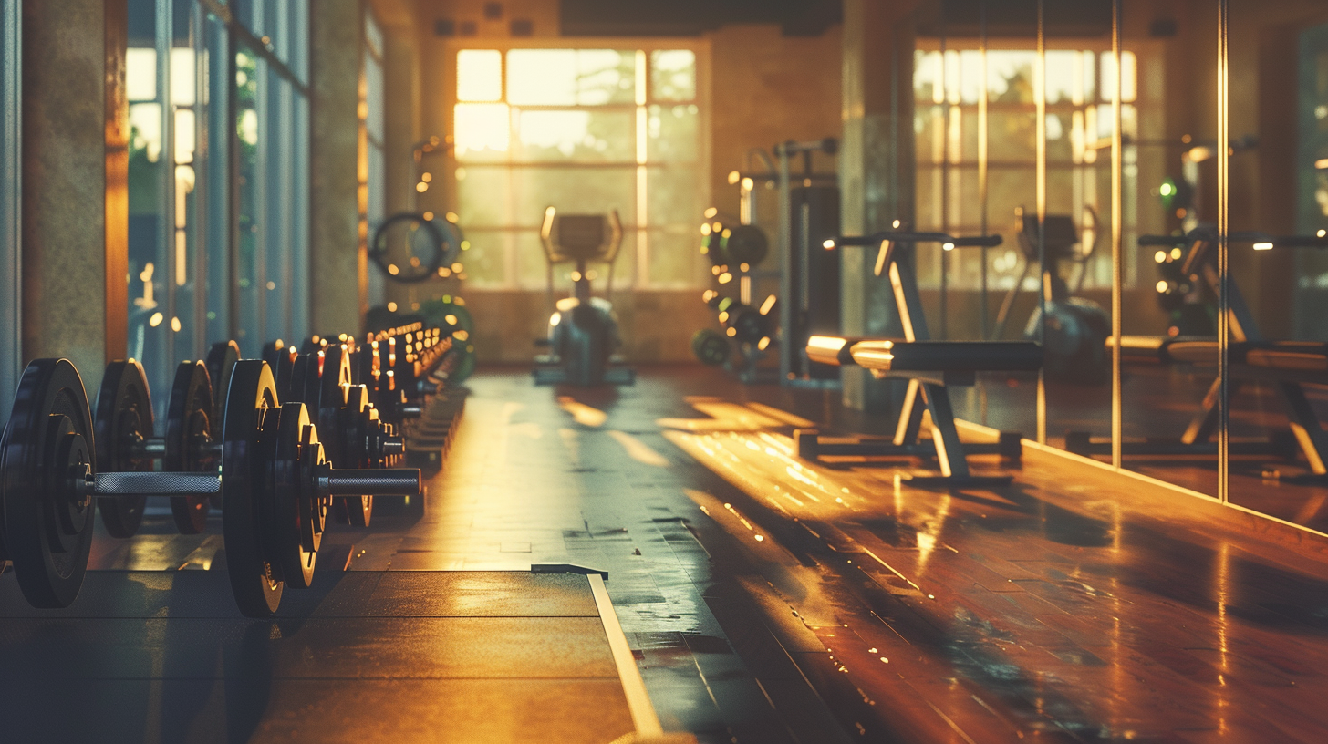 A Gym with Equipment and Mirrors in Warm Tones