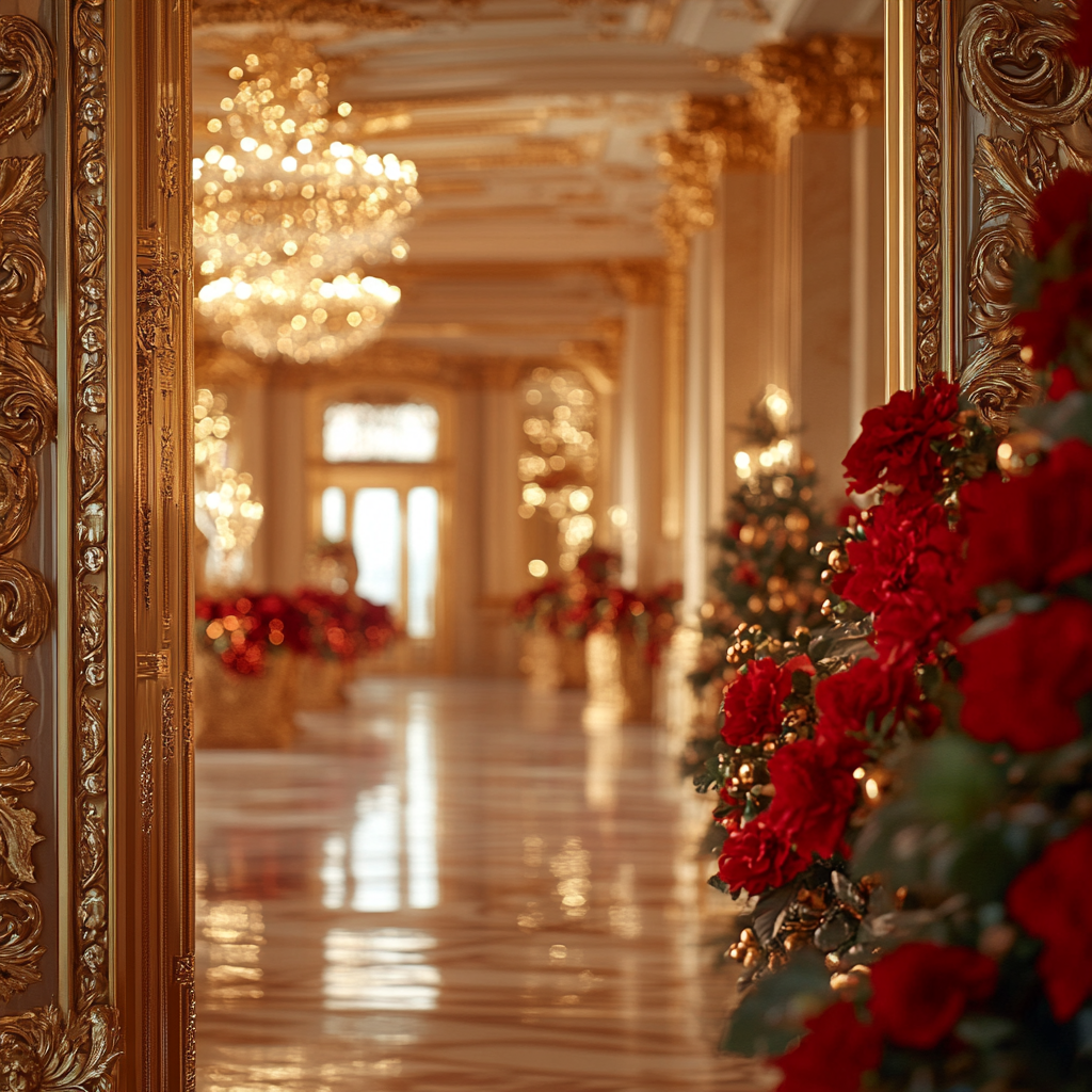 A Half-Opened Gold Door Revealing Festive Room