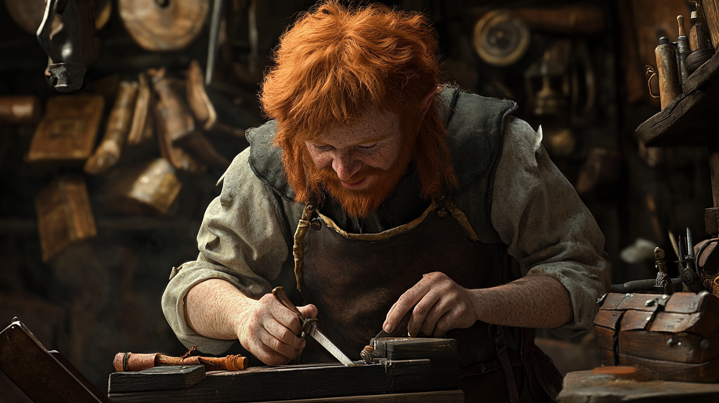 A Halfling with Red Hair Crafting a Longsword