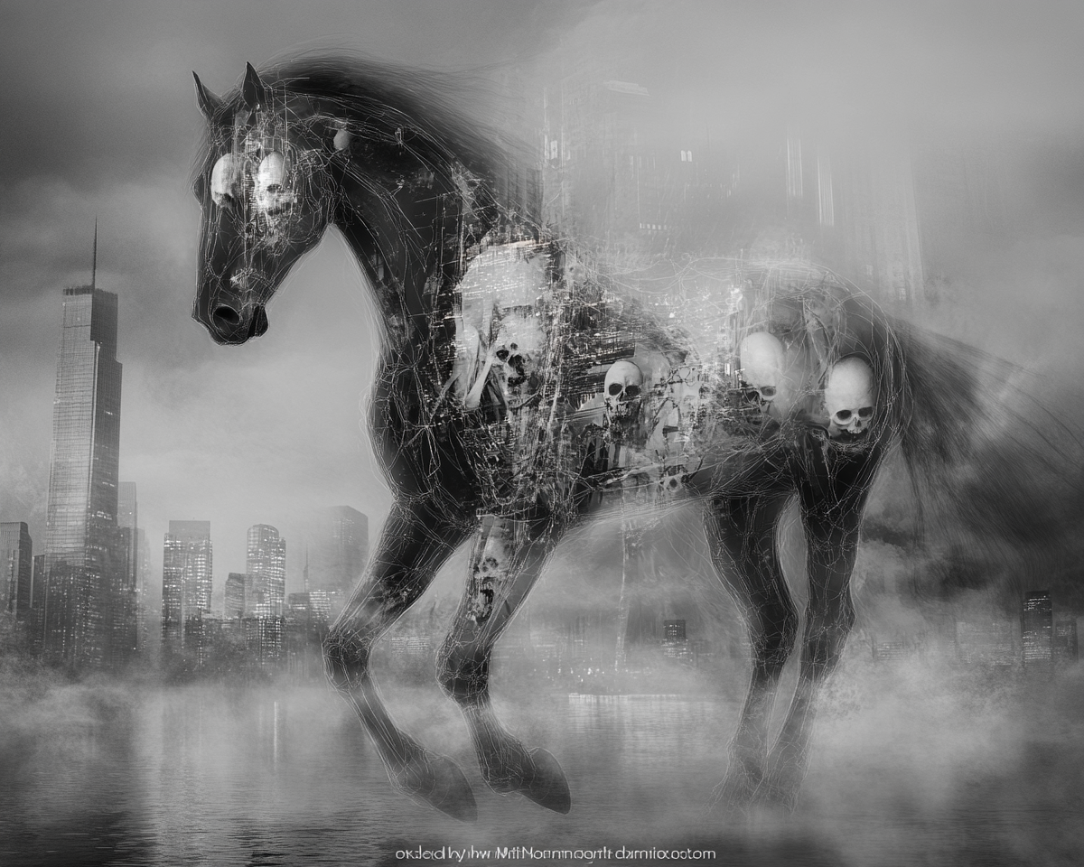 A Halloween-themed black horse slowly moving forward