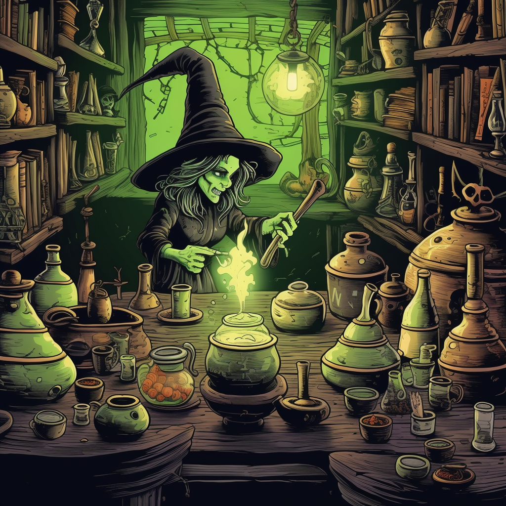 A Halloween witch brewing a bubbling potion.