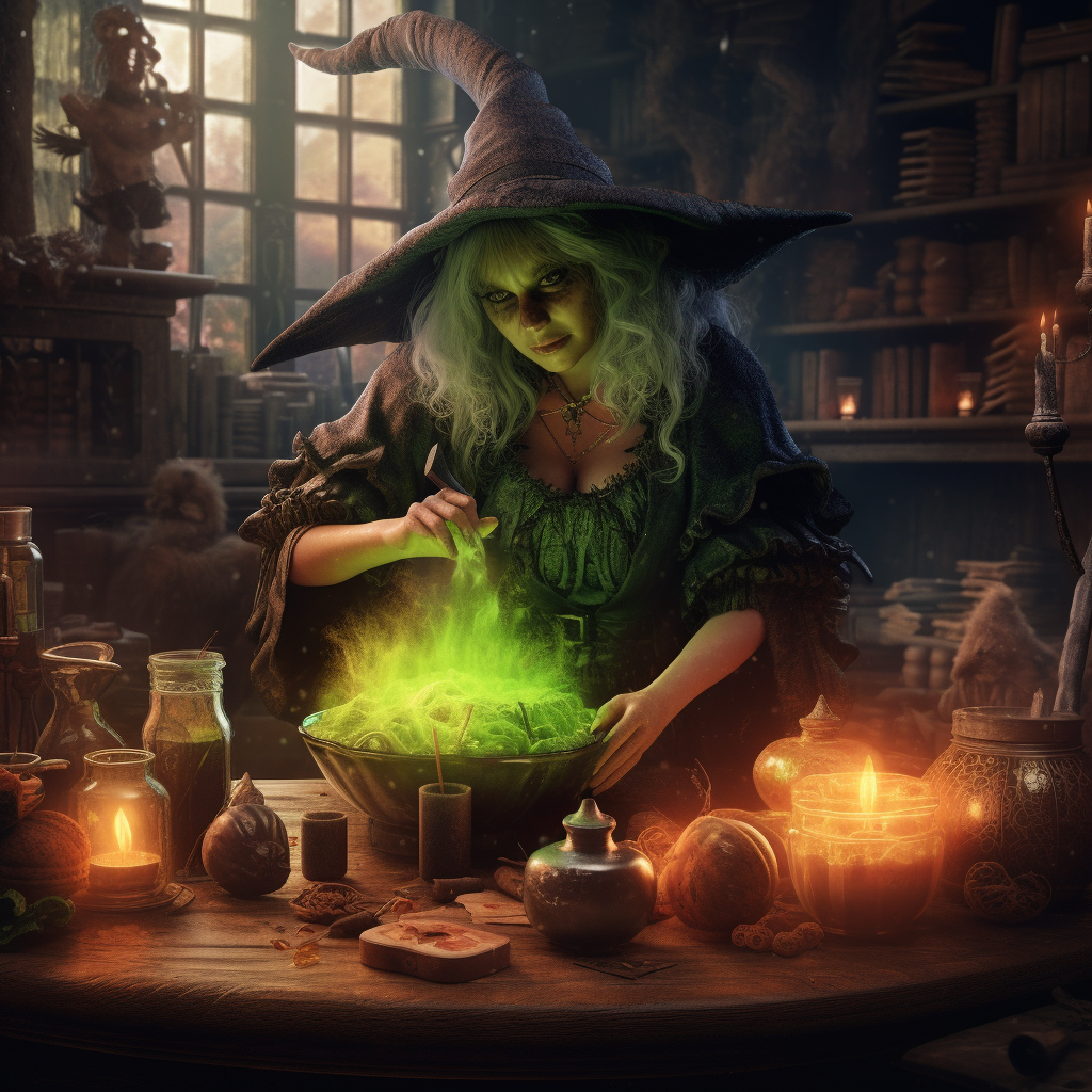 A Halloween witch making potion in spooky house.