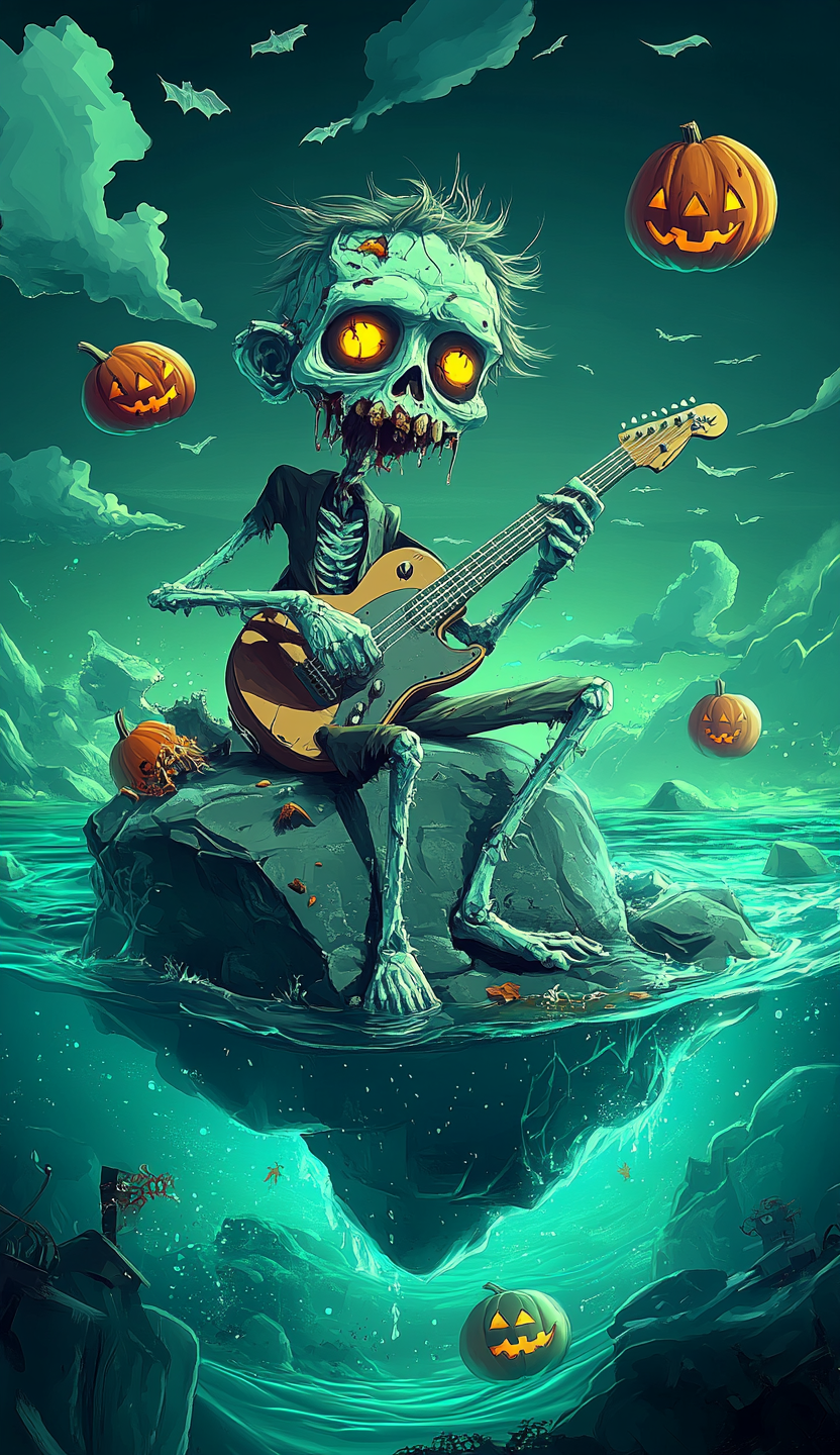 A Halloween zombie plays guitar on island