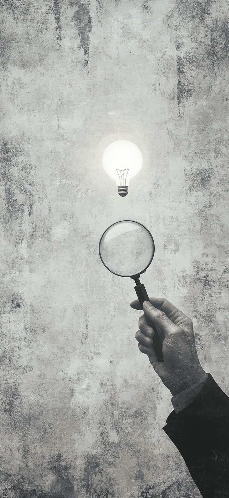 A Hand Holding Magnifying Glass with Floating Light Bulb