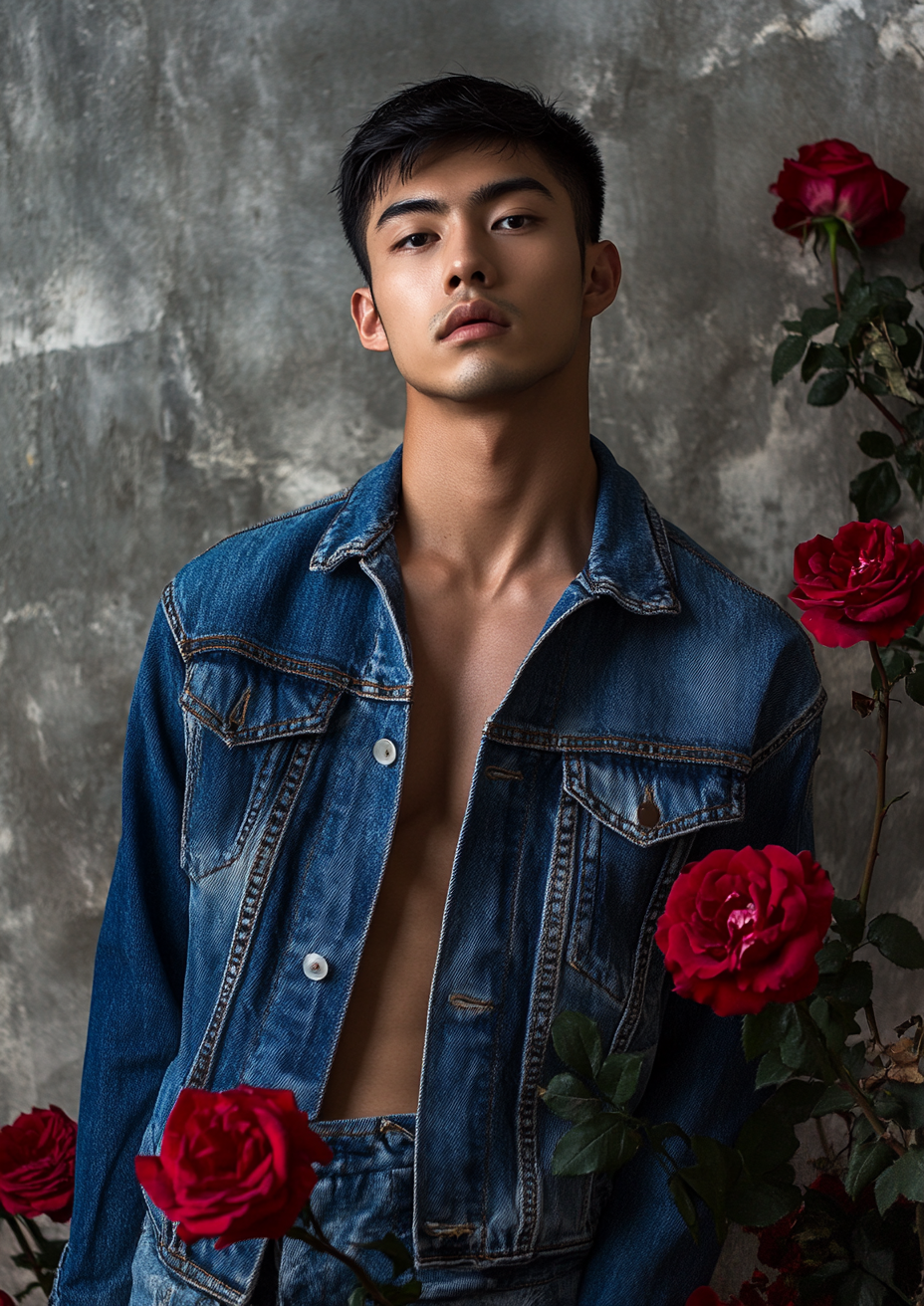 A Handsome Asian Man in Denim Outfit