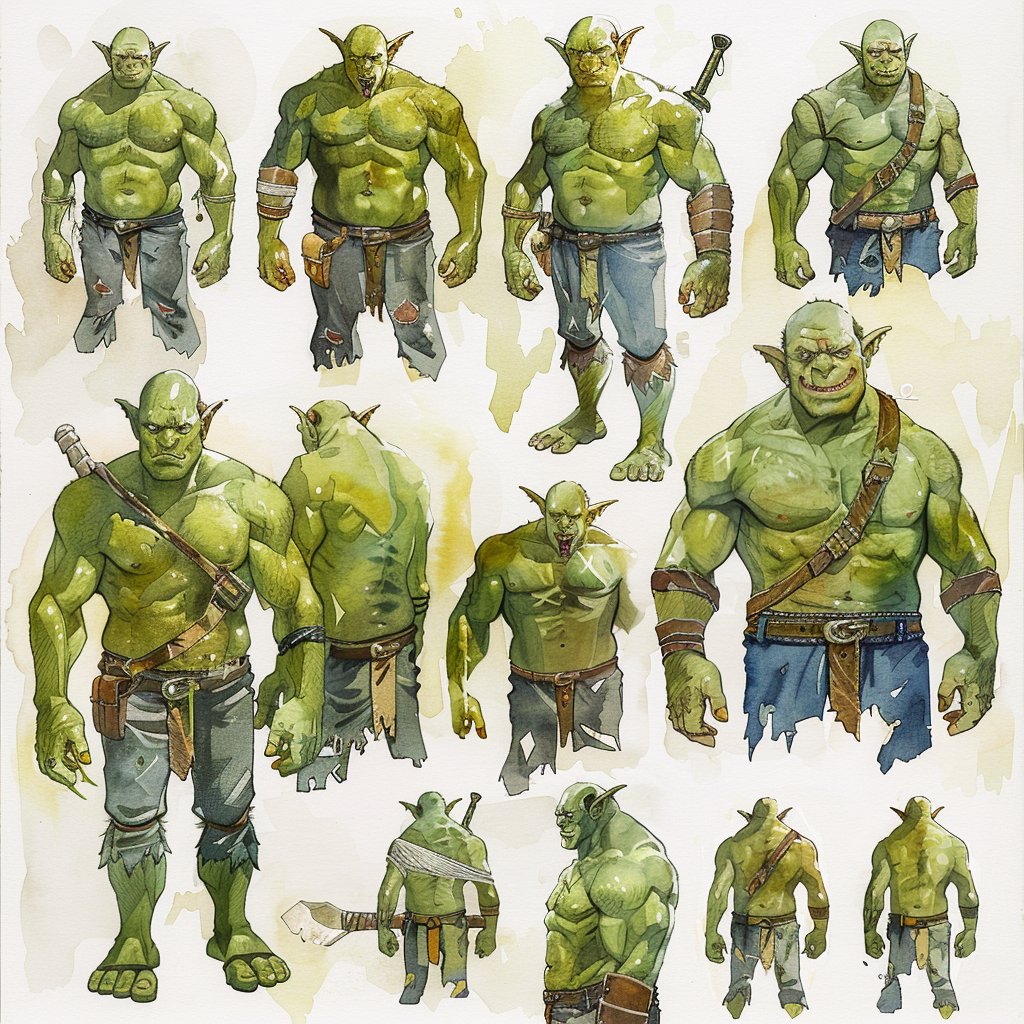 A Handsome Green Half-Orc Character in Poses