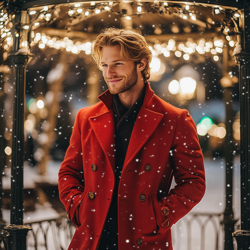 A Handsome Man in Red Coat at Snowy Gazebo