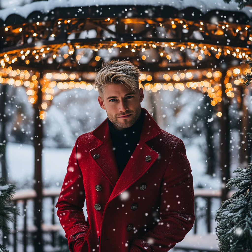 A Handsome Man in Red Coat by Gazebo