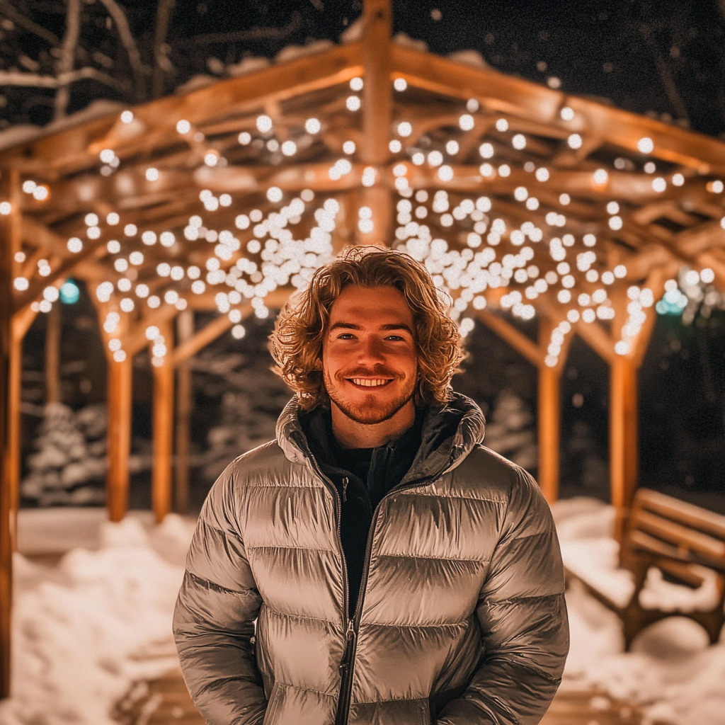 A Handsome Man in Snowy Gazebo