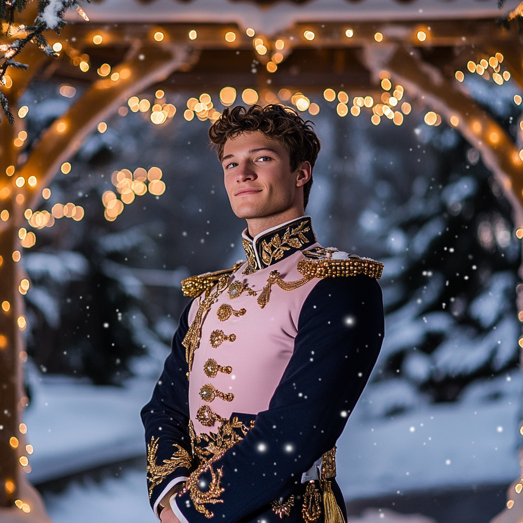 A Handsome Nutcracker Prince Standing by Snowy Gazebo