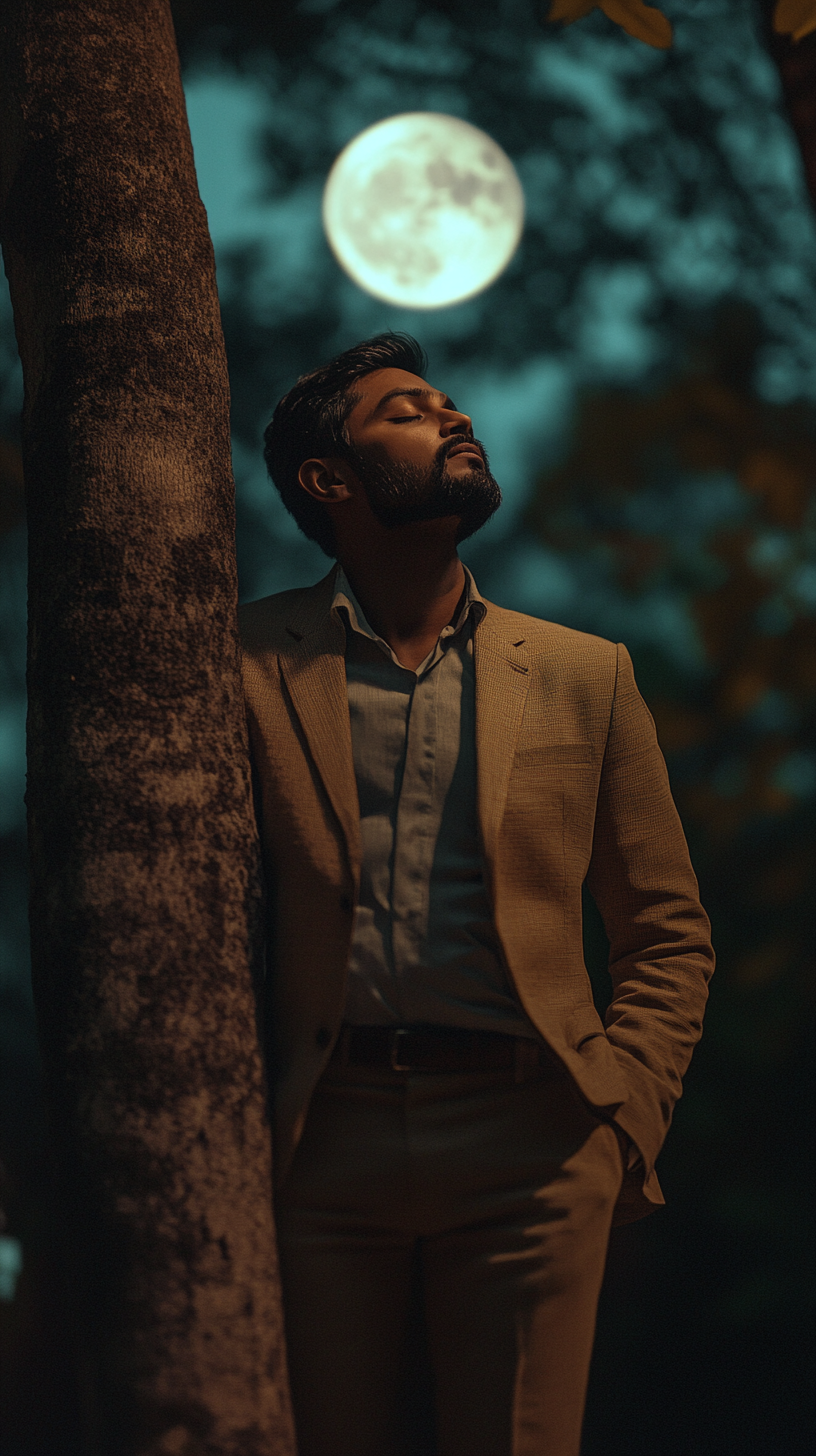 A Handsome Sri Lankan Man Standing under Moonlit Tree