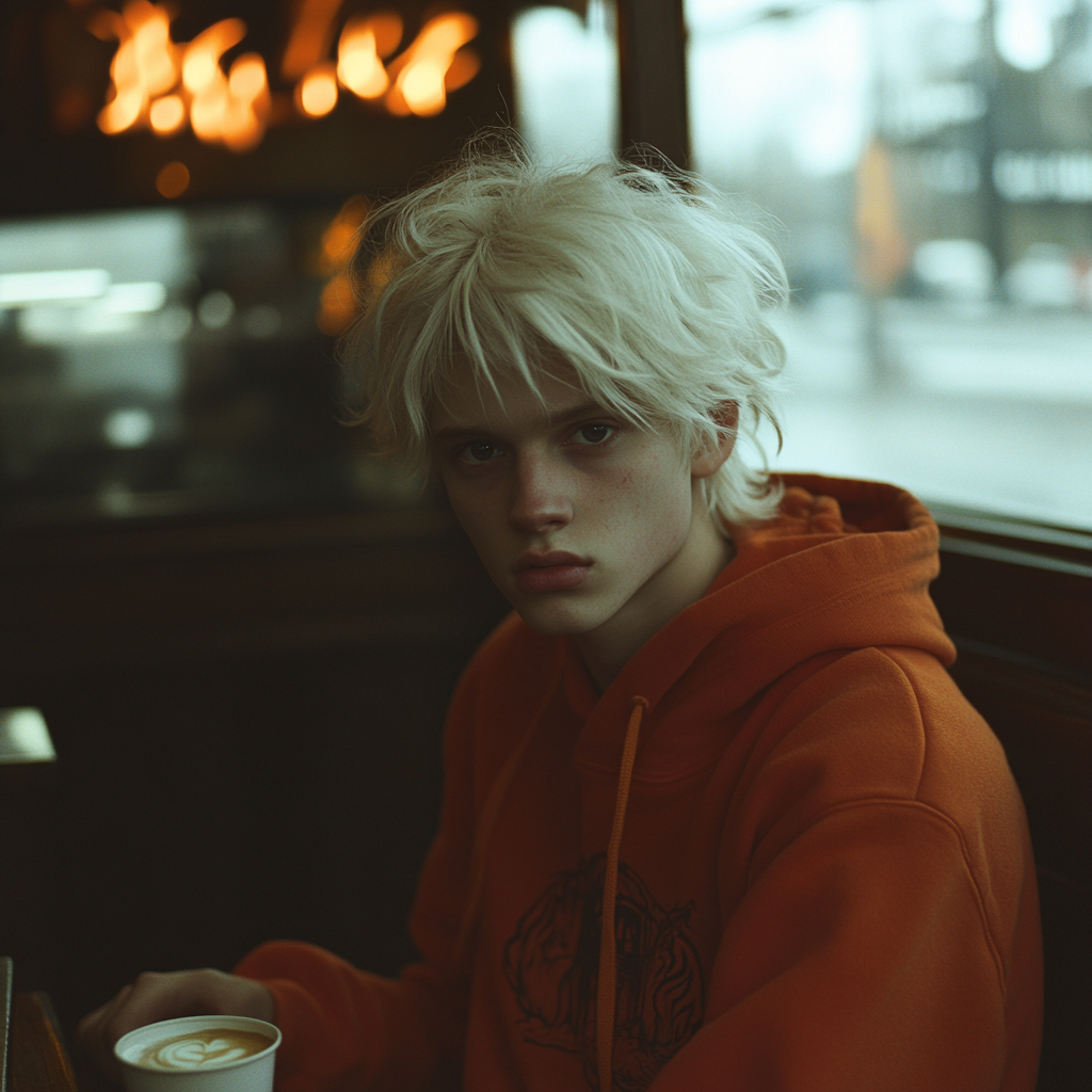 A Handsome Young Man with Firey Hair in Coffee Shop