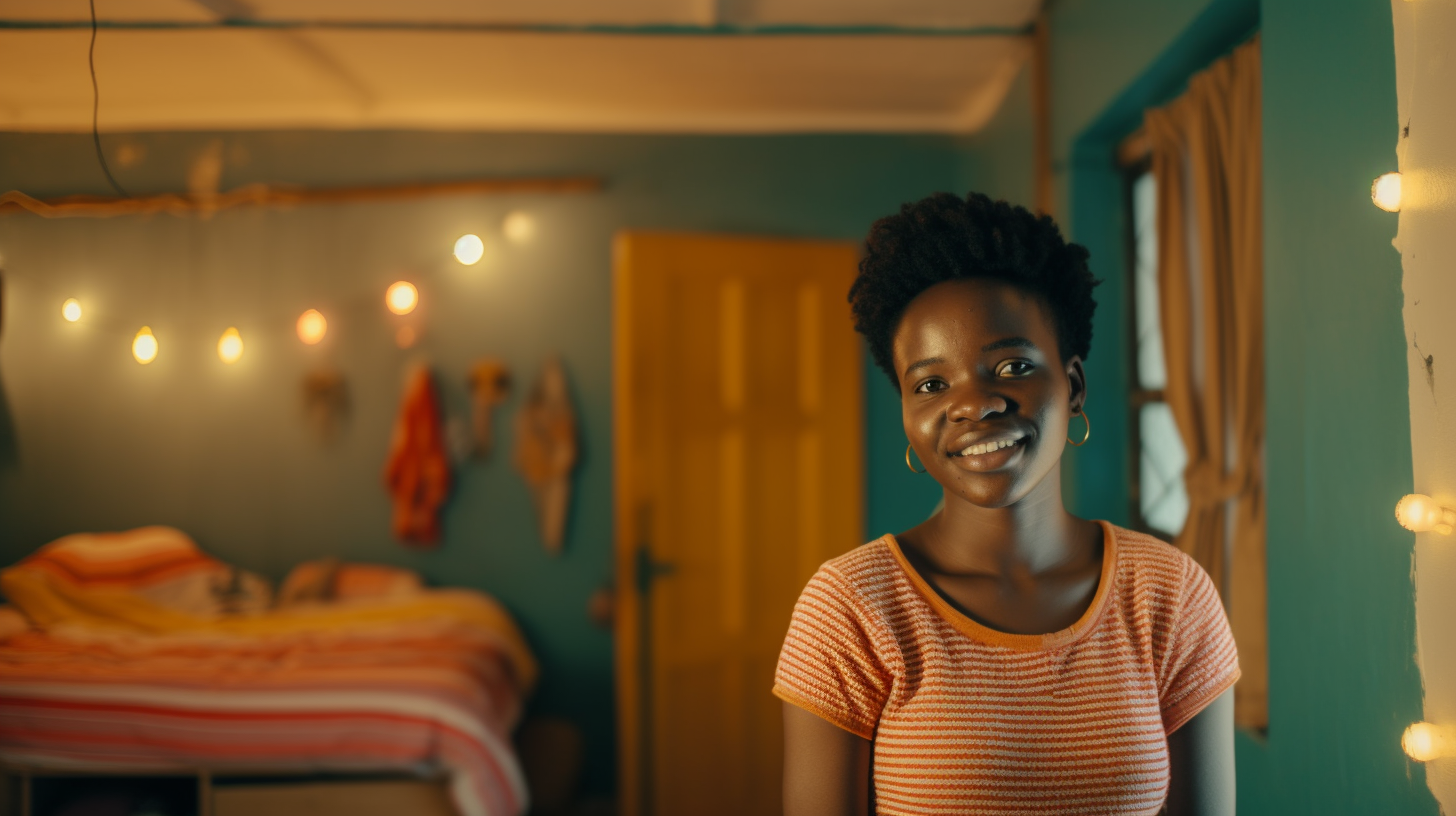 A Happy 30-Year-Old African Woman in Decorated Bedroom