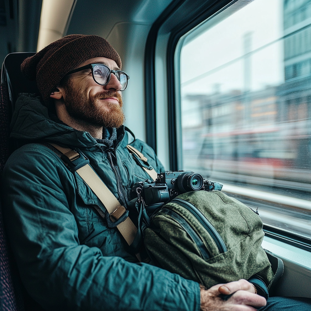 A Happy 35-Year-Old Videographer on the Train