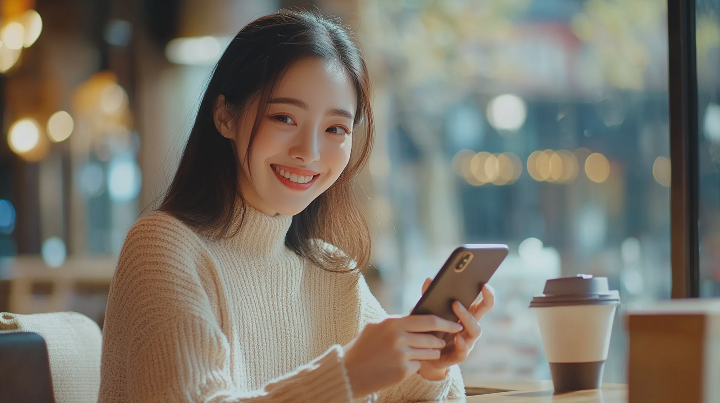 A Happy Asian Woman Managing Finances in Cafe