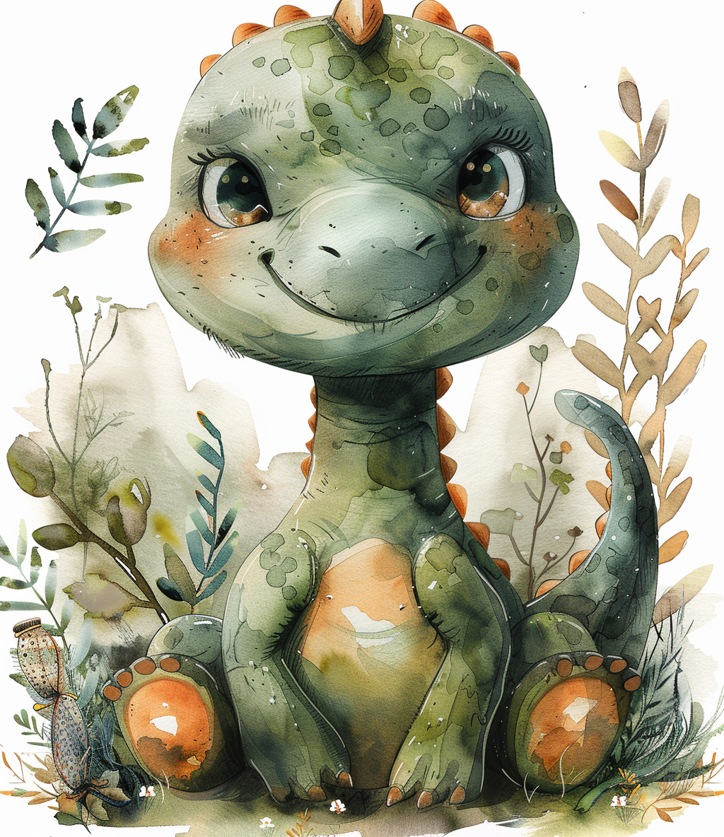 A Happy Baby Dinosaur in Watercolor Print