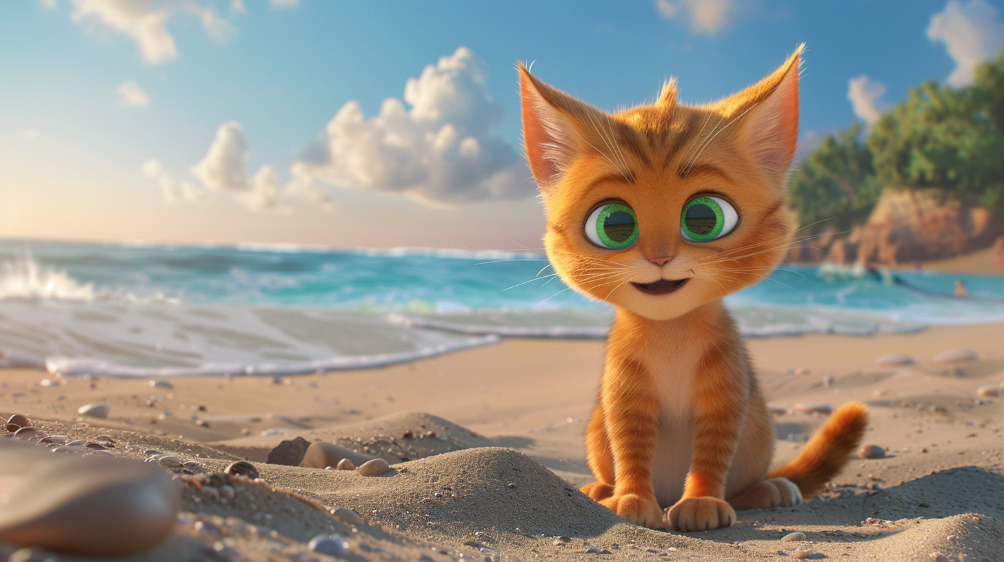 A Happy Beach Cat - an Orange Feline Joyous and Playful.