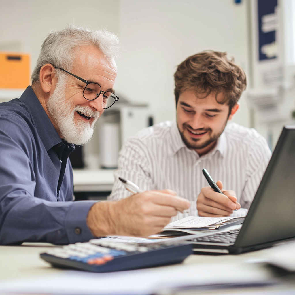 A Happy Bookkeeper Mentoring New Hire in Office