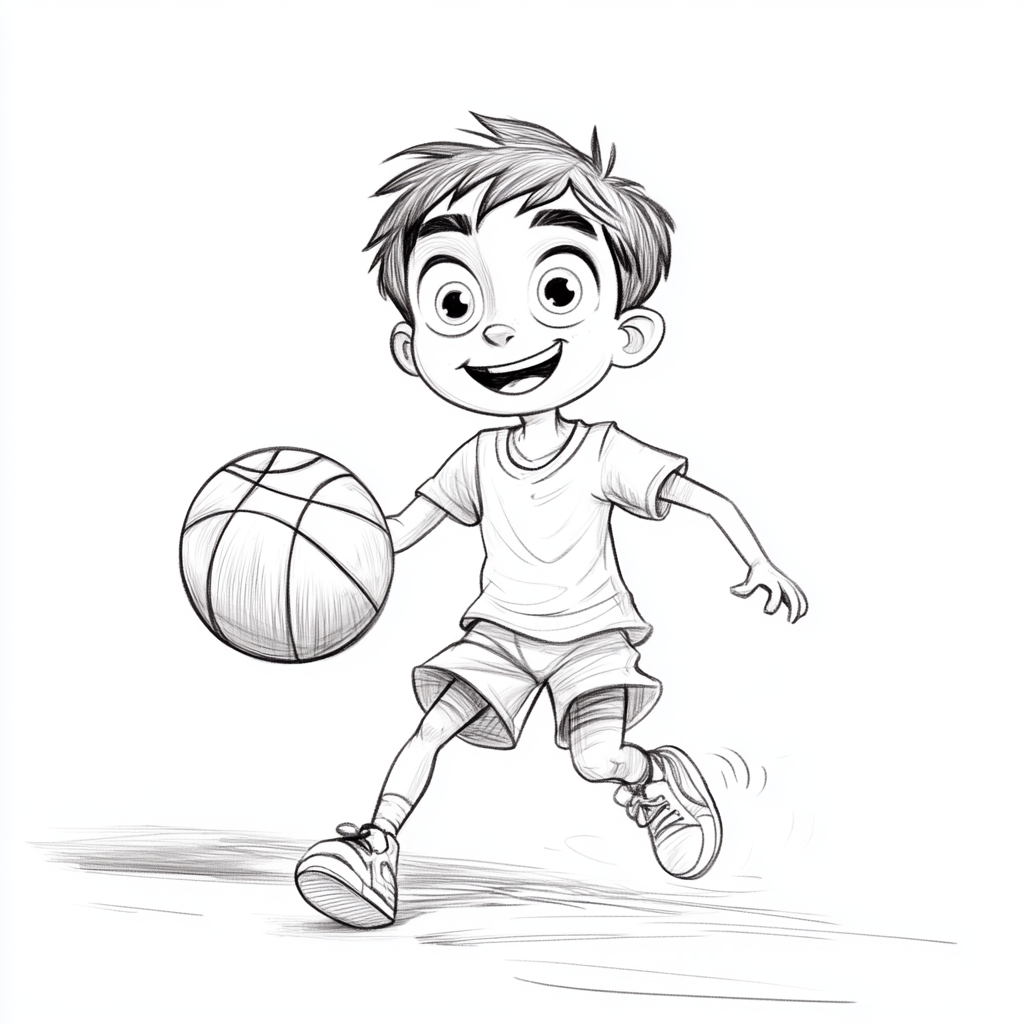 A Happy Boy Playing Basketball in Line Art