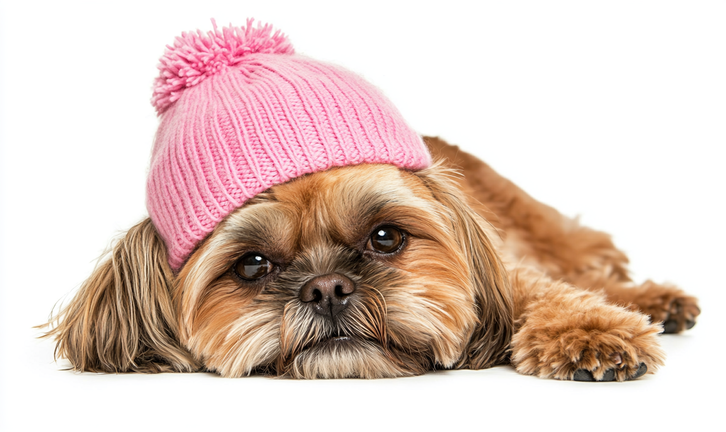 A Happy Brown Shih-Tzu Dog in a Pink Beanie