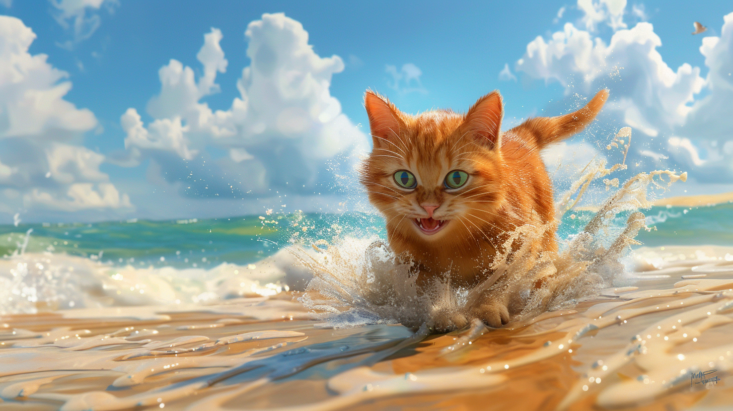 A Happy Cat Playing on the Beach