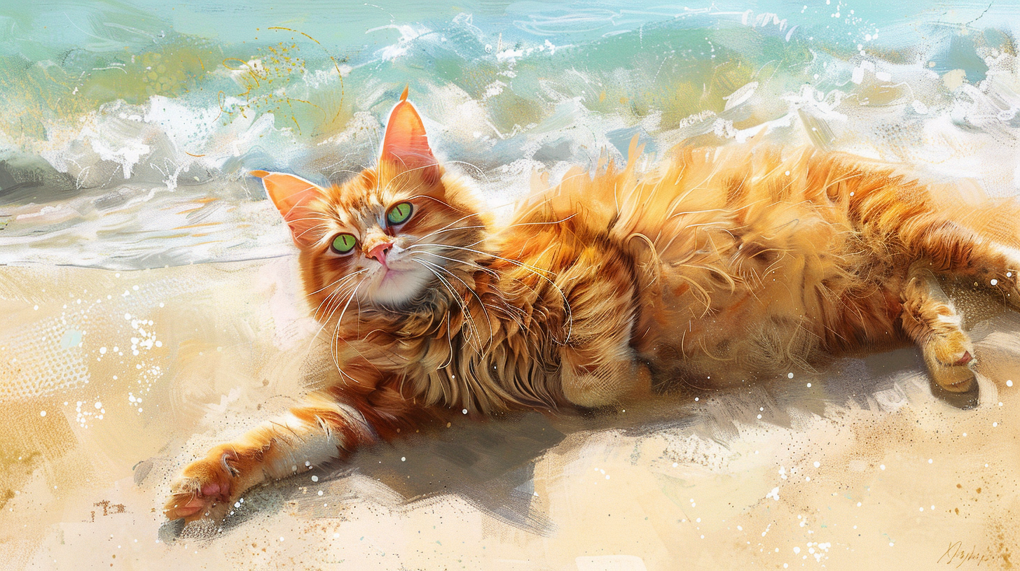 A Happy Cat Relaxing on the Beach