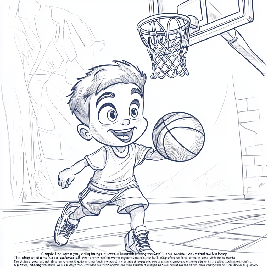 A Happy Child Playing Basketball in Line Art