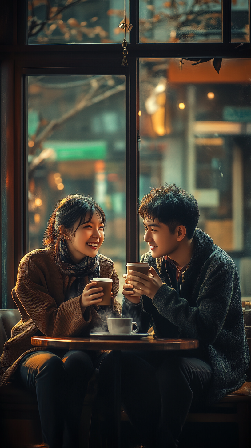 A Happy Couple Enjoying Coffee in a Café