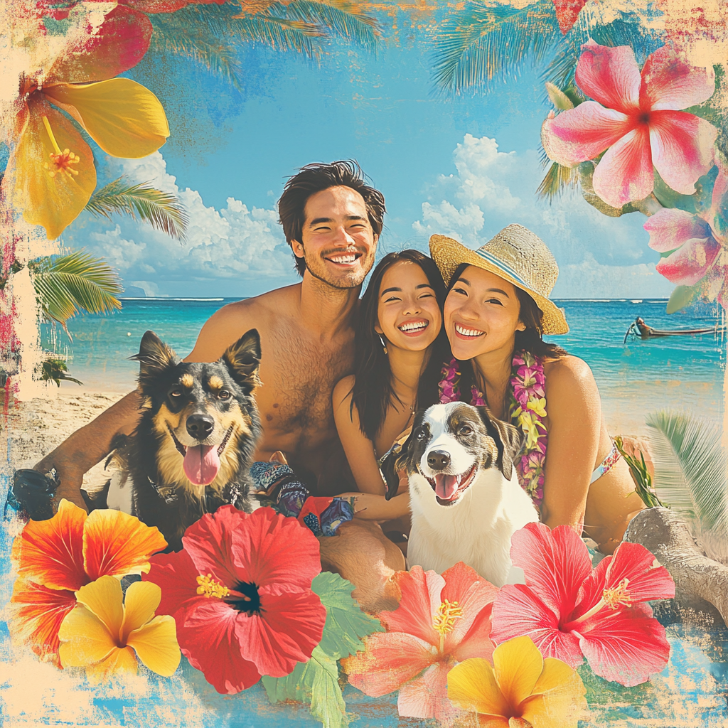 A Happy Couple with Pets on Hawaii's Beach