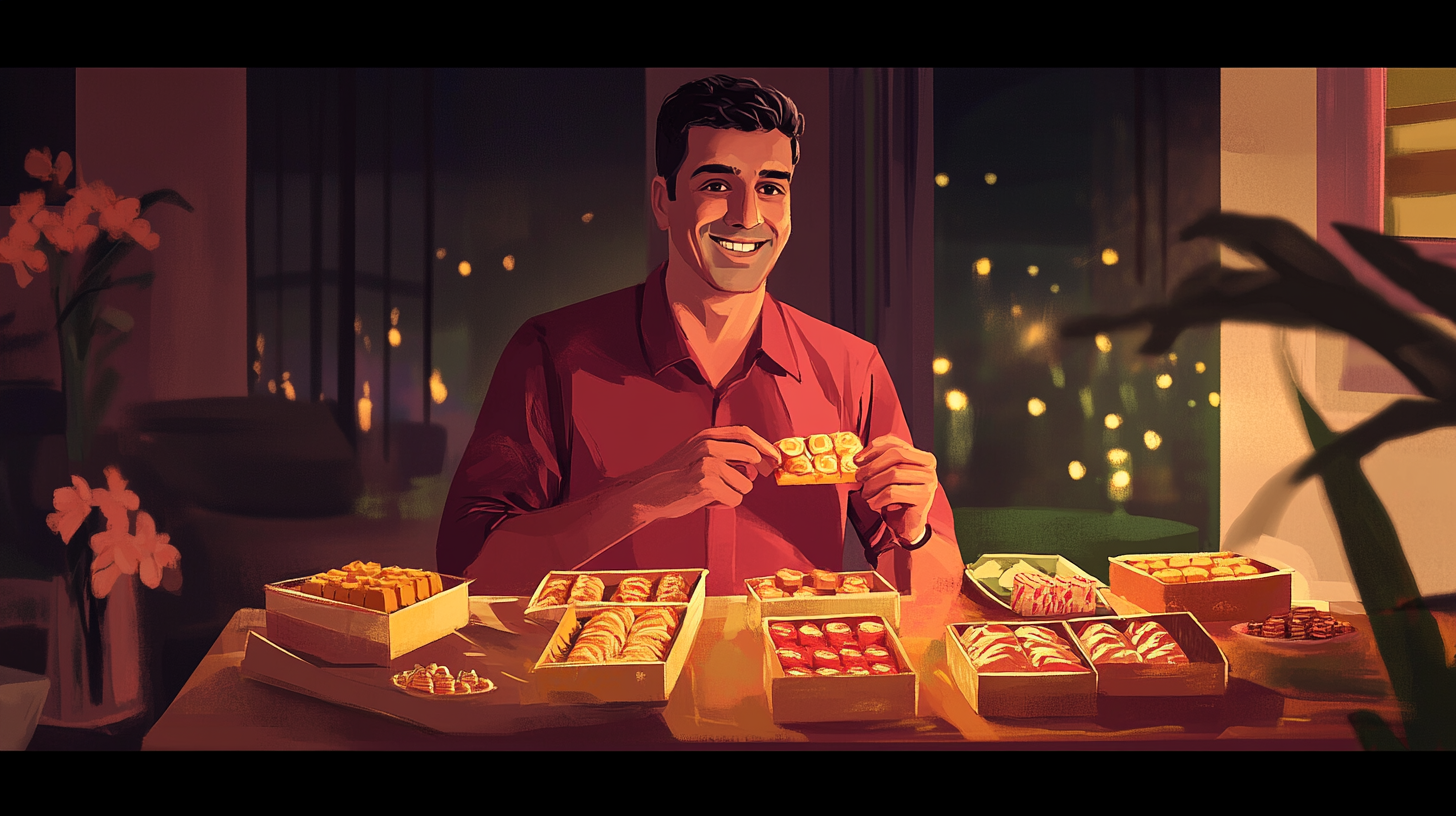 A Happy Dad Enjoying Indian Sweets at Home.