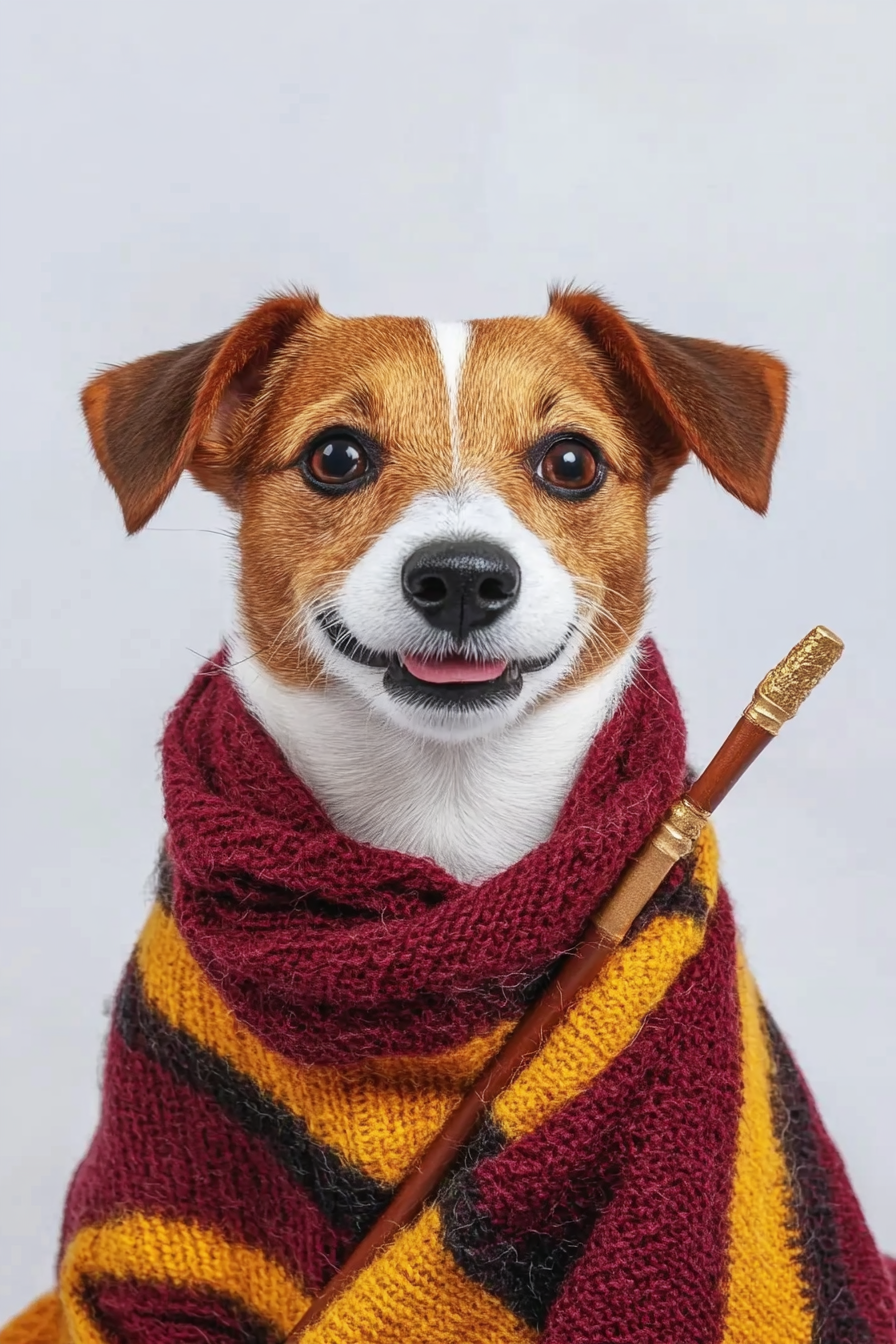 A Happy Dog in Harry Potter Costume