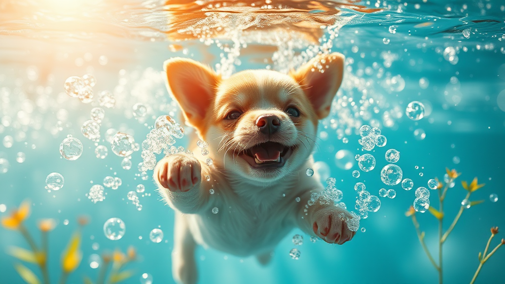 A Happy Dog in Water with Bubbles.