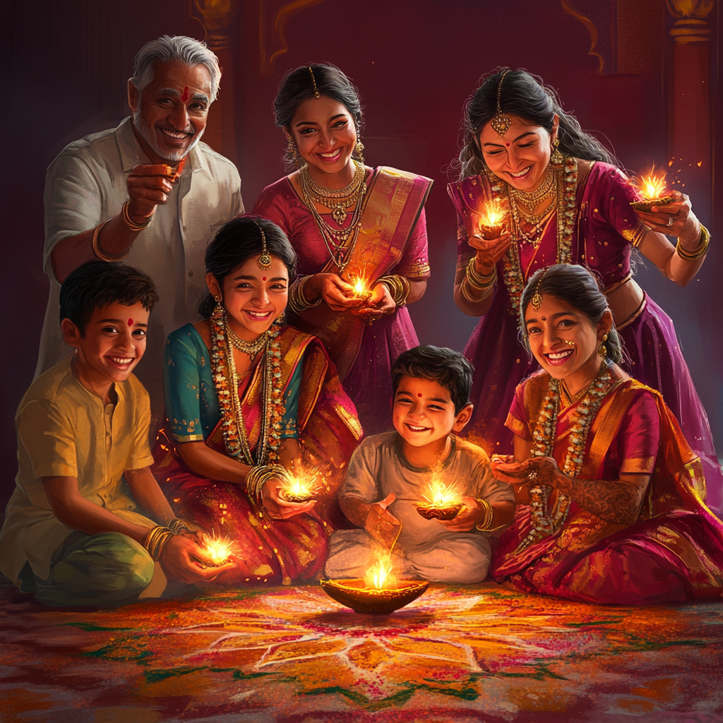 A Happy Family Celebrating Diwali with Sparklers