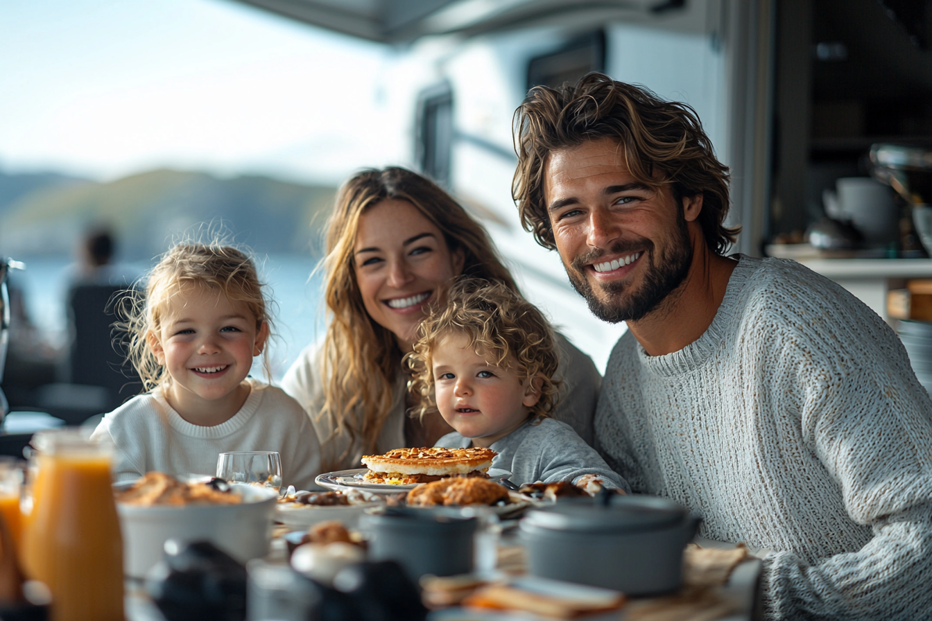 A Happy Family Having Breakfast Outside their RV.