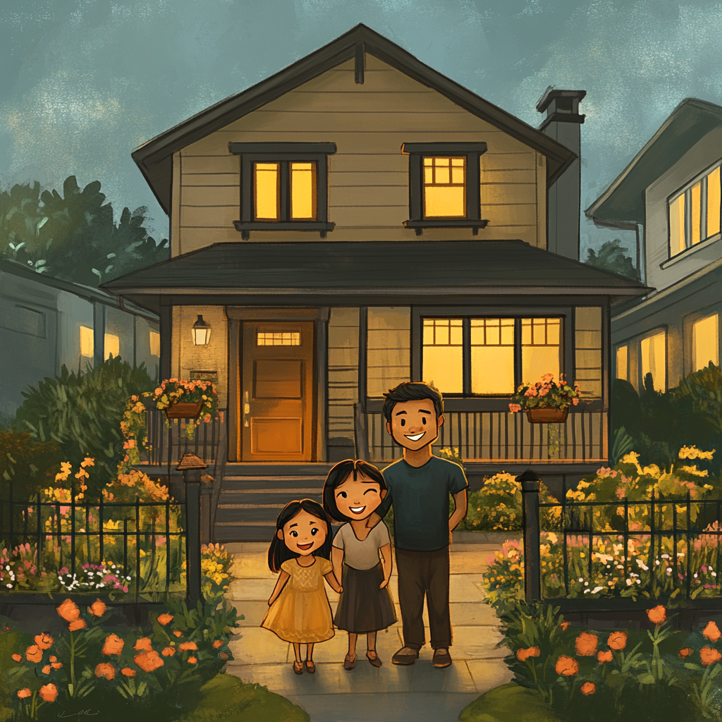 A Happy Family Outside Two-Story Western House