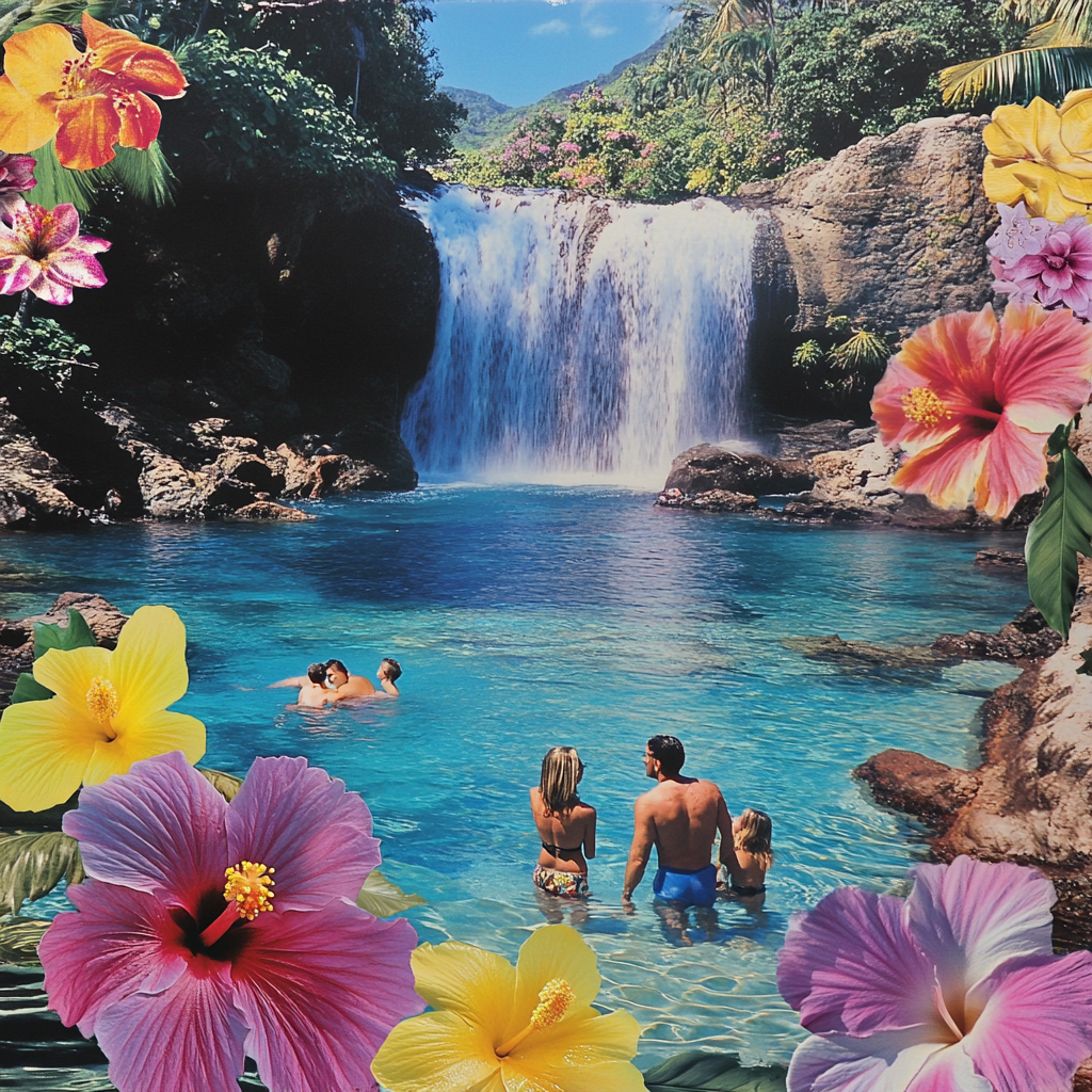 A Happy Family Visiting a Tropical Waterfall Garden