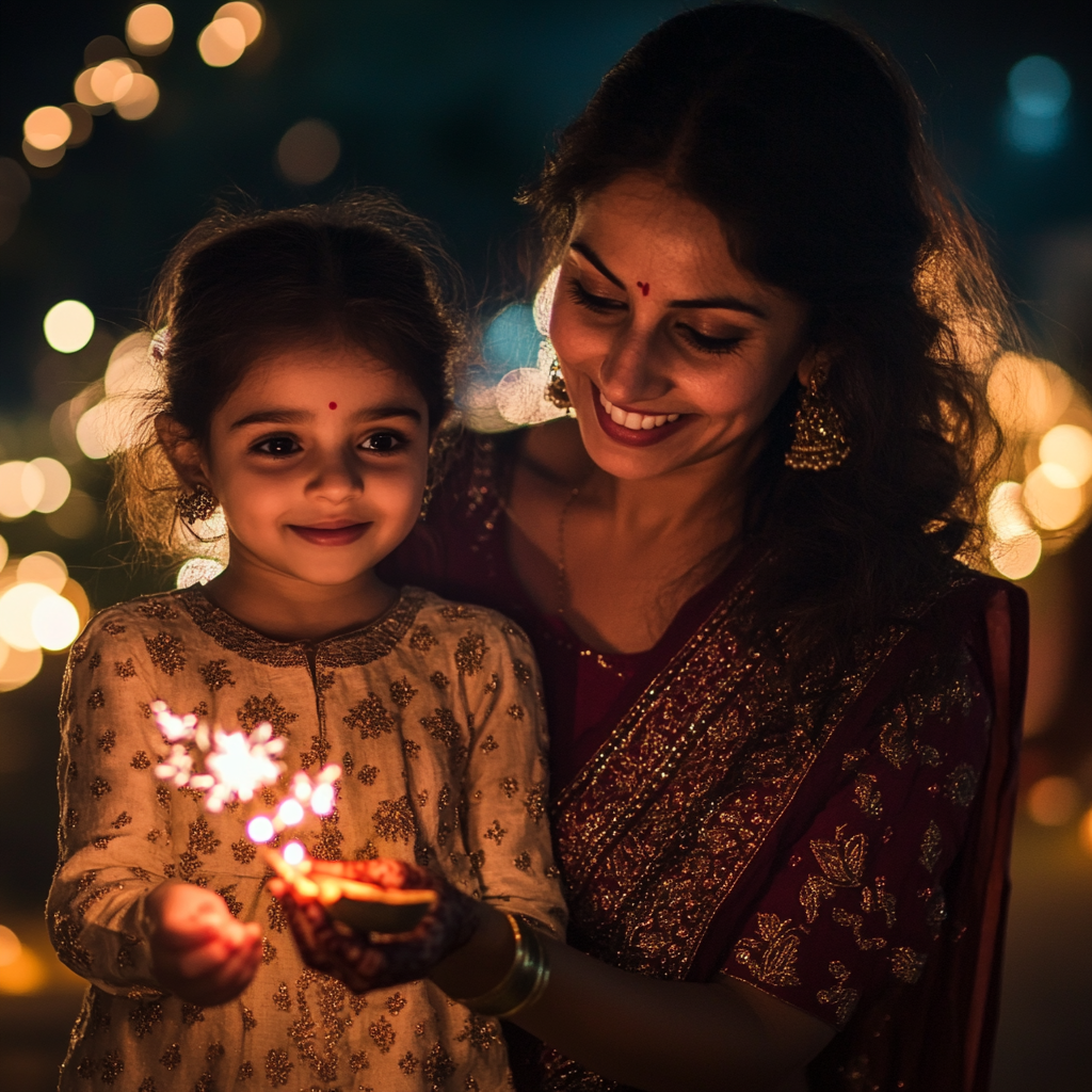 A Happy Indian Mother and Daughter Celebrating Diwali