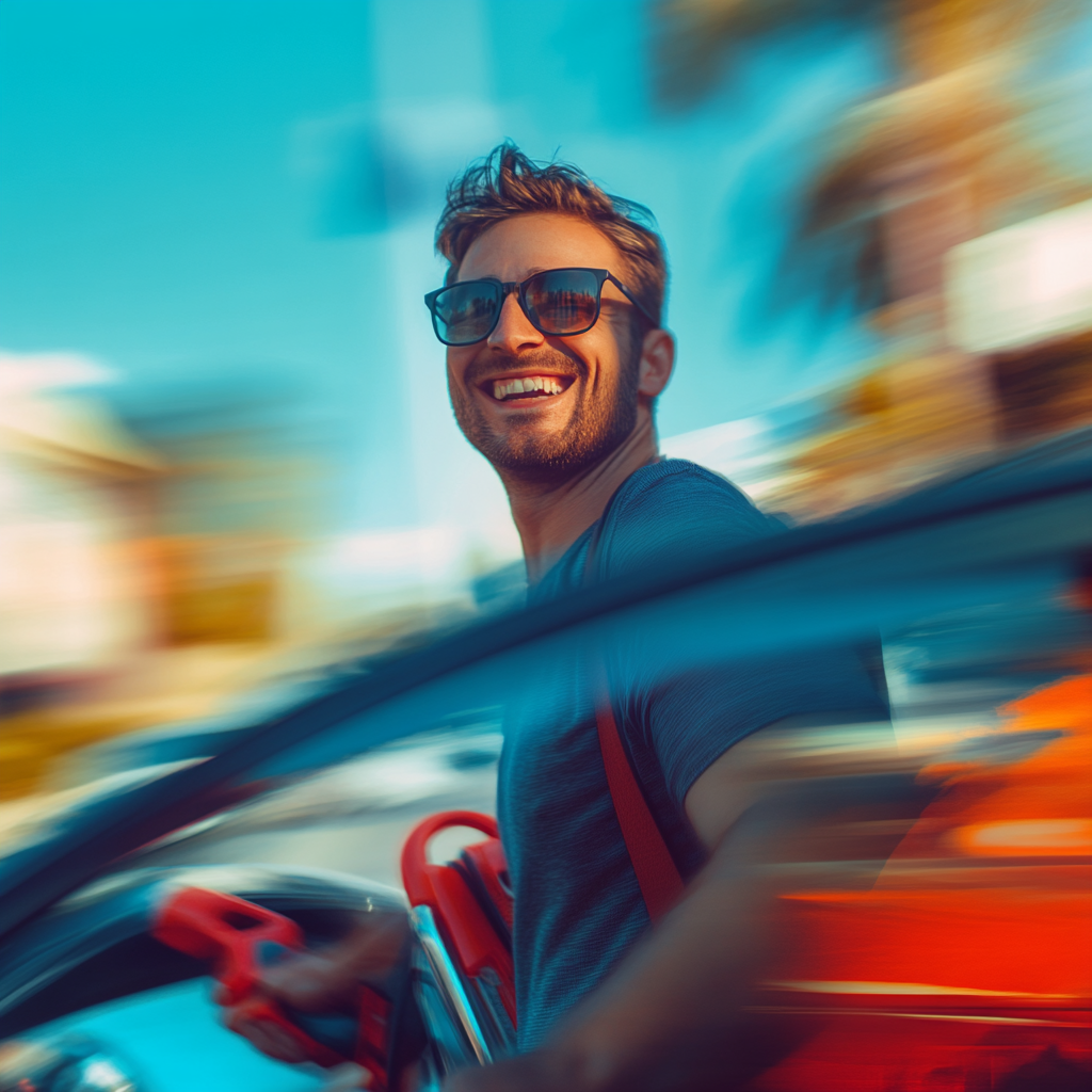 A Happy Man Beside Red Car in Summer