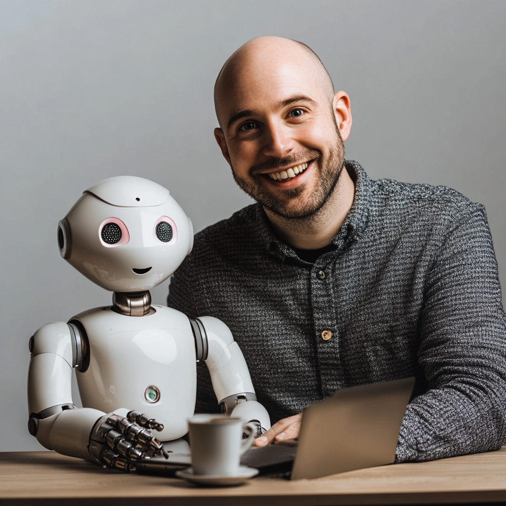 A Happy Man Surrounded by Coffee and Productive Robot