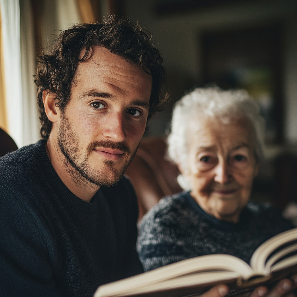 A Happy Man and Elderly Person Reading at Home