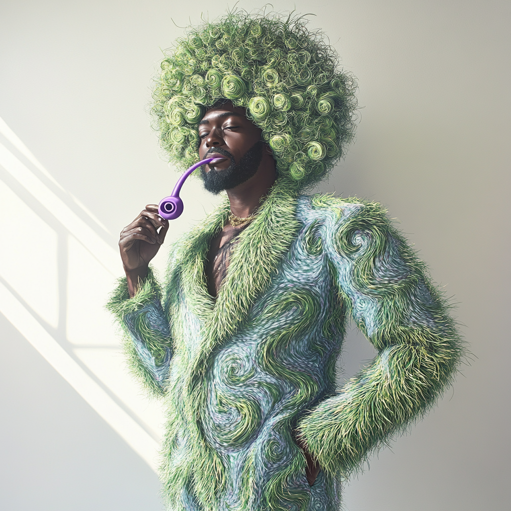 A Happy Man in Colorful Grass Suit Smokes.