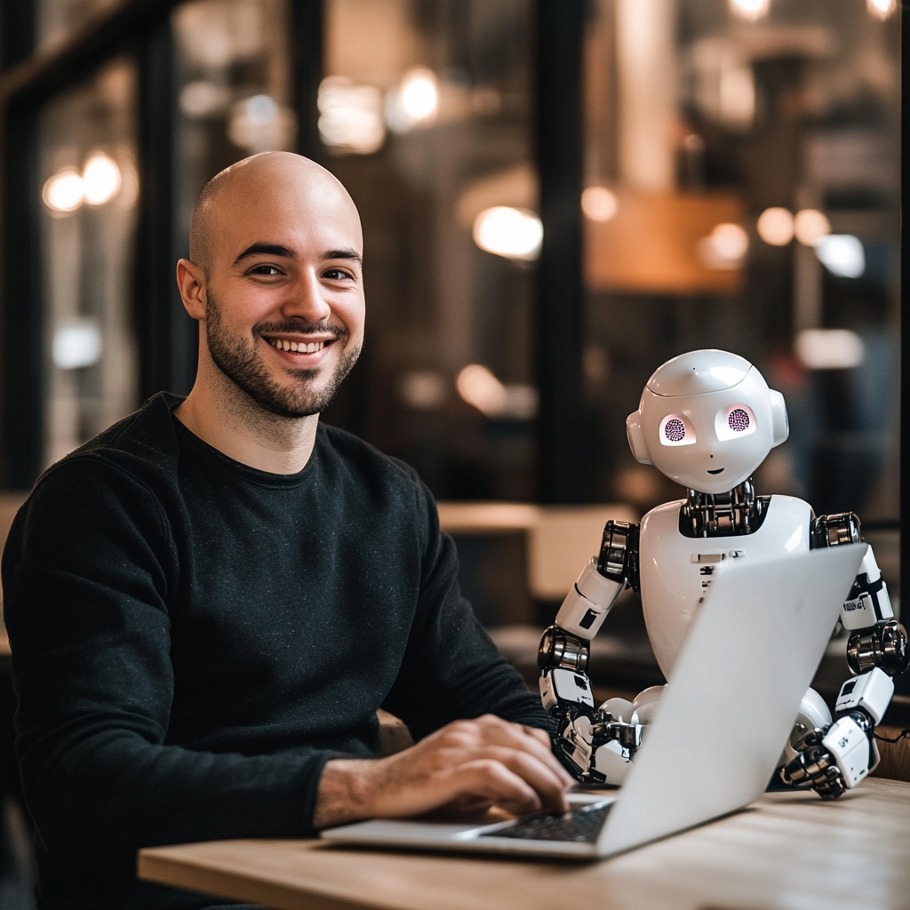 A Happy Man with Coffee and Robot Working