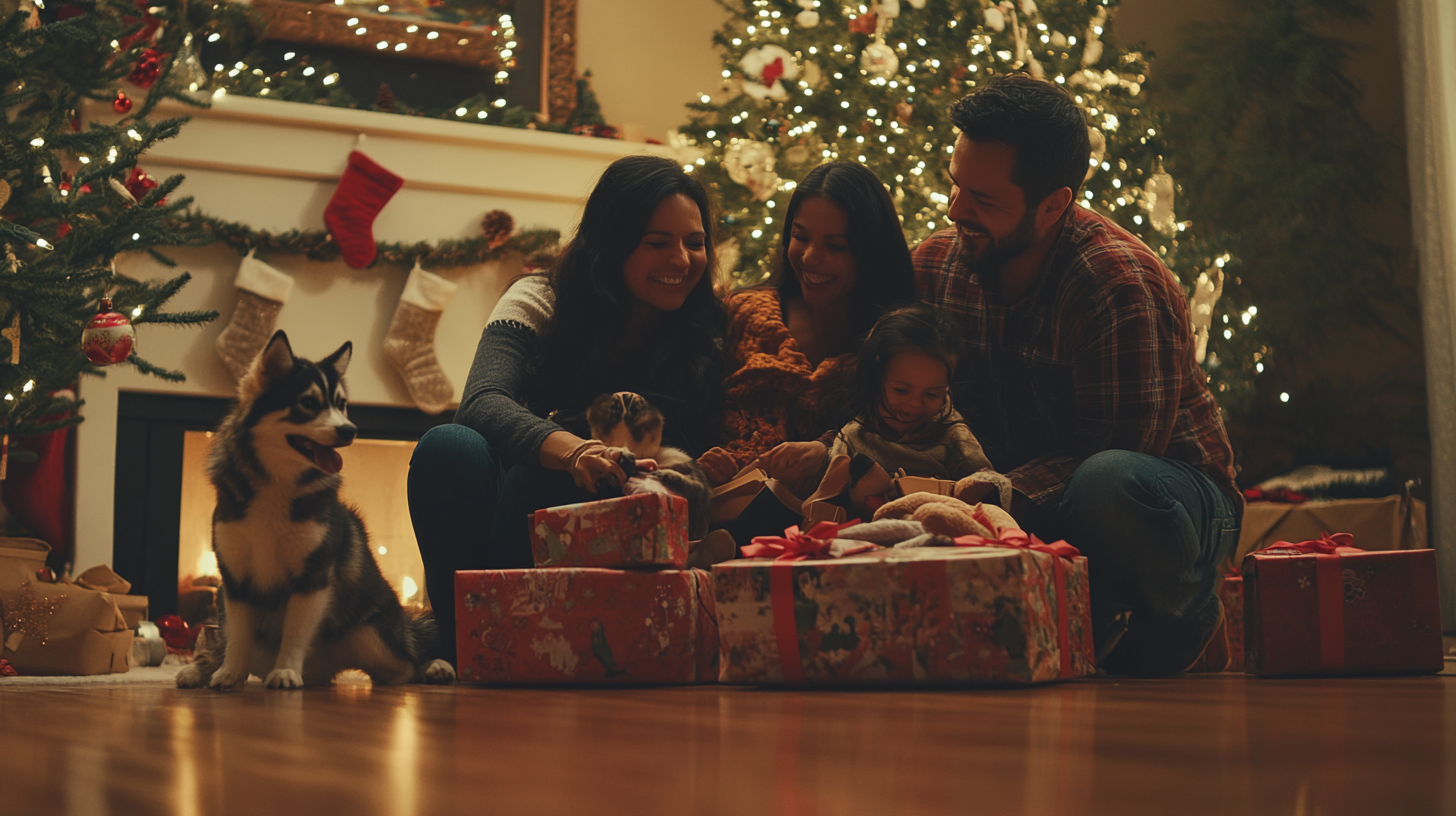 A Happy Mexican Family Opening Christmas Gifts