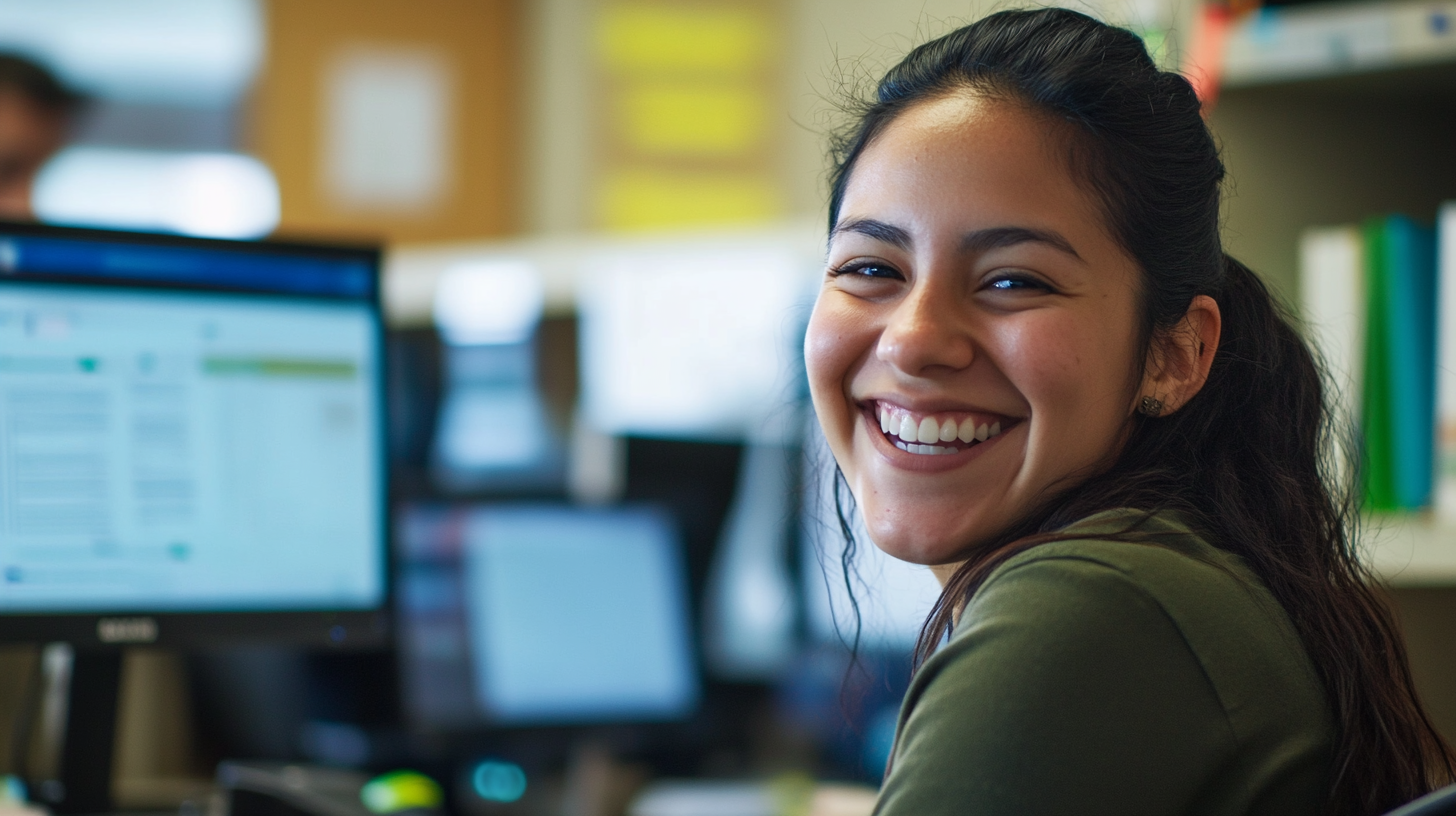 A Happy Mexican Woman Working in Office Space