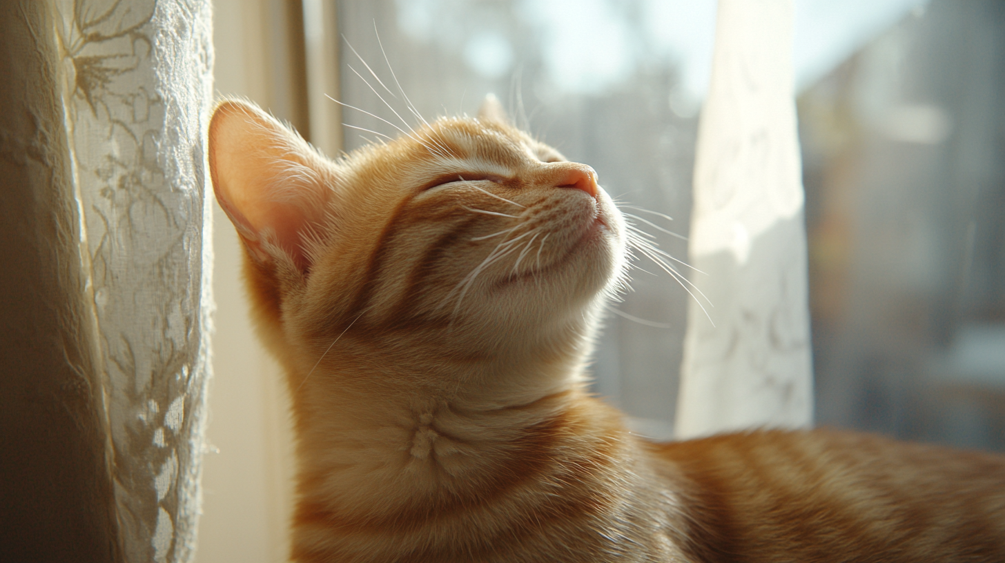 A Happy Tabby looking through the window at home