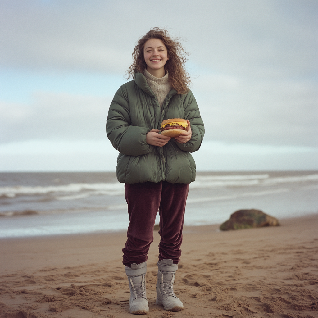 A Happy Young Woman Enjoying Burger on Beach